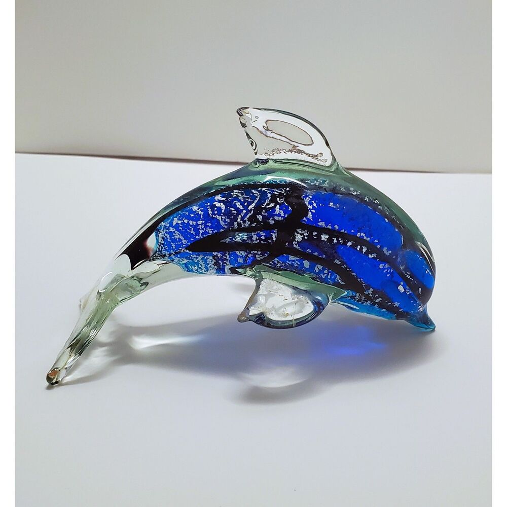 Art Glass Crafted Blue &‎ Black Dolphin Paper Weight Sculpture Ocean Decor